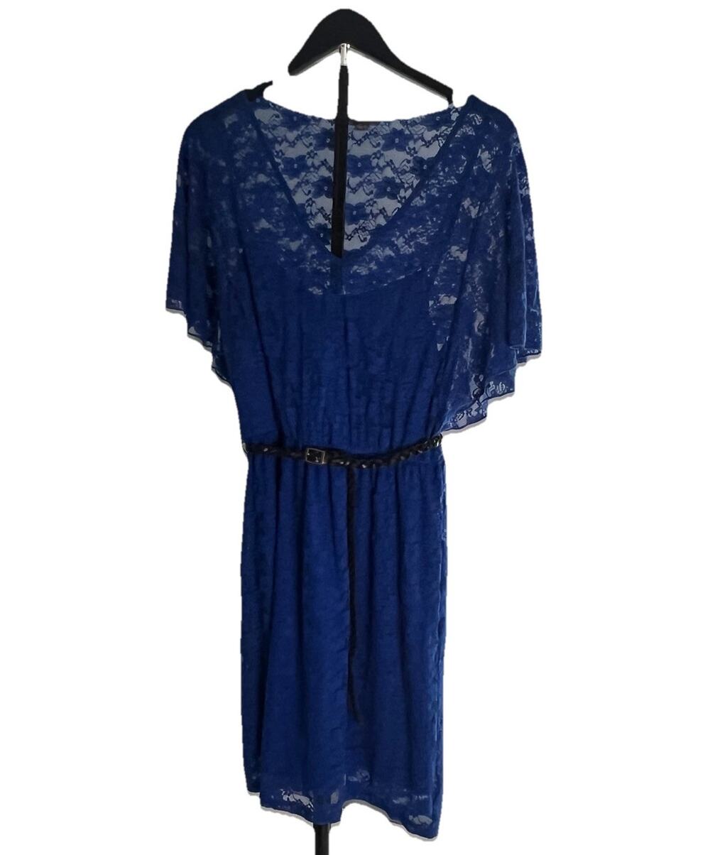 Lily Rose Blue Lace Dress LARGE Lined Bat Wing Sleeves With A Leather Belt USA